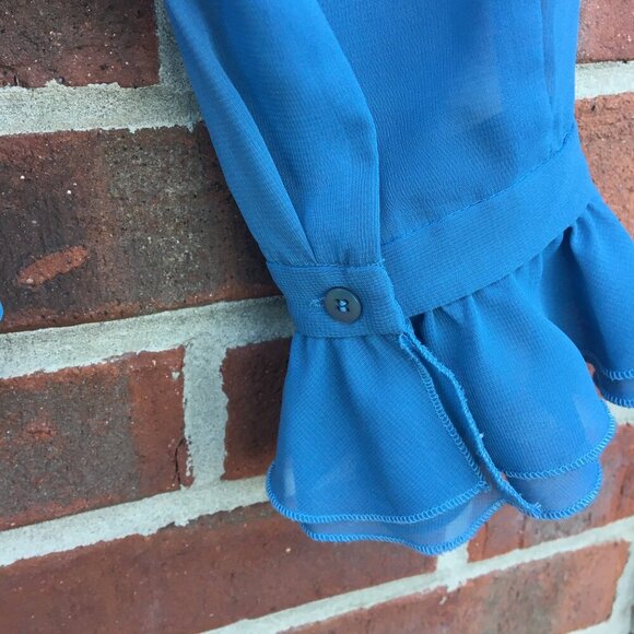 Sheer Feminine Blouse Teal Blue Medium Romantic Regal Ruffle - Picture 10 of 16